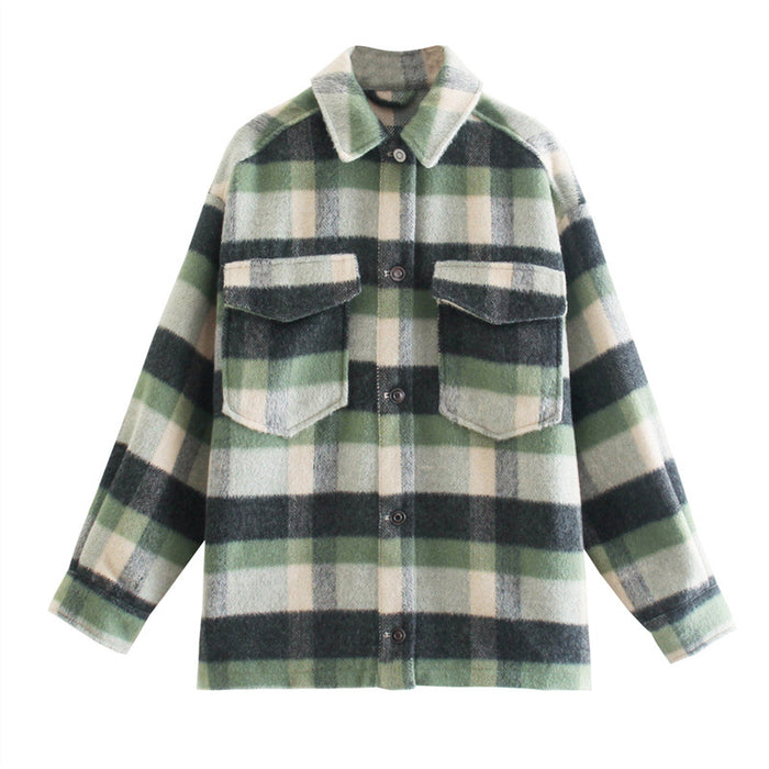 Autumn Collared Single Breasted Plaid Stickers Large Pocket Long Sleeve Shacket Coat