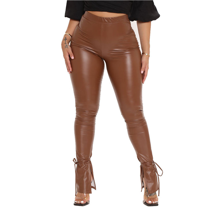 Women Clothing Autumn Tight High Elastic Bandage Slightly Flared Side Slit Faux Leather Trousers