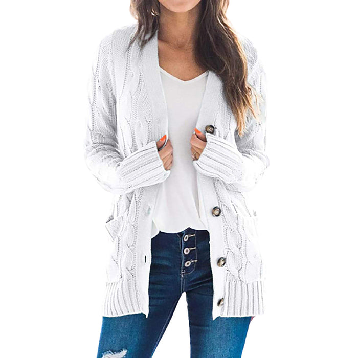 Autumn Winter Women Clothing Casual Cardigan Coat Solid Color Twist Button Cardigan Sweater Women