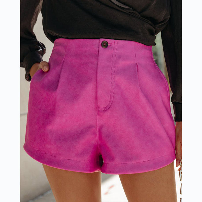 Spring Summer Solid Color High Waist Leather Shorts Women