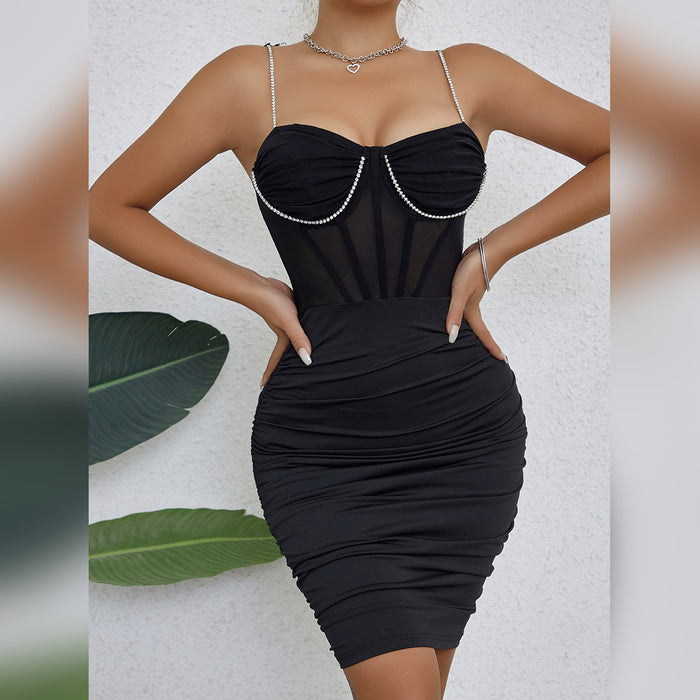 Sexy See through Stitching Mesh Hip Light Diamond Pleated Boning Corset Dress