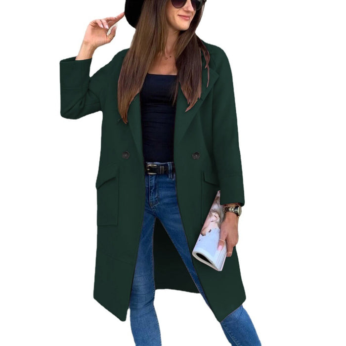 Autumn Winter Solid Color Long Sleeve Blazer Collar Button Pocket Woolen Coat Women