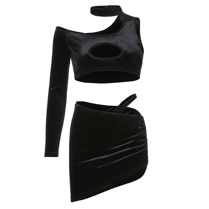 Velvet Solid Color Round Neck Irregular Asymmetric Hollow Out Cutout Out Shoulder Cropped Top High Waist Pleating Short Skirt Sexy Sexy Two Piece Set