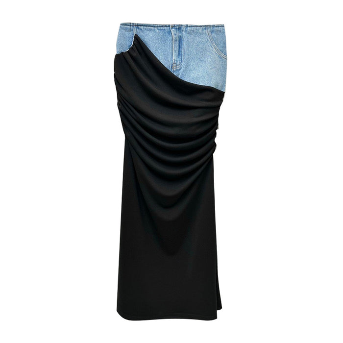 Modern Deconstruction High Waist Skirt Women Spring Black Color Pleats Stitching Design Long Denim Skirt