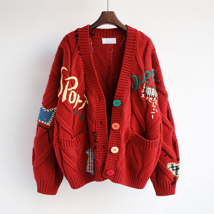 Loose Twist Embroidery Patch Color Button Thickened Knitting Sweater Cardigan Coat Women