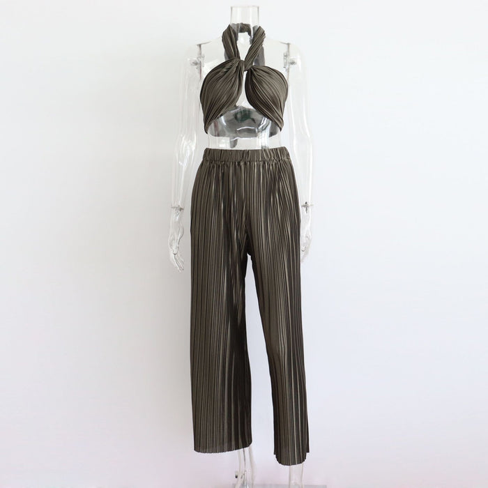 Spring Summer Pleated Sexy Suit Women  Cropped Sleeveless Adjustable Vest Casual Pants Two Piece Set for Women