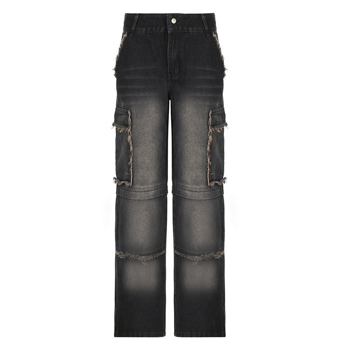 Beggar Street Frayed Stitching Washed Distressed Overalls Mid Waist Straight Pocket Split Sexy Jeans