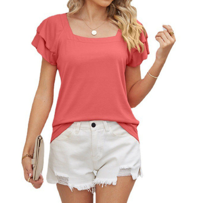 Summer Square Collar Ruffle Sleeve Petal Sleeve Short Sleeve Loose T Shirt Top Women