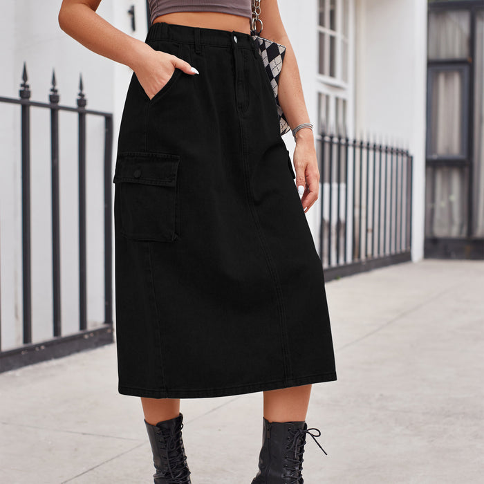 Slimming Work Clothes Washed Denim Skirt Mid Length Skirt Women