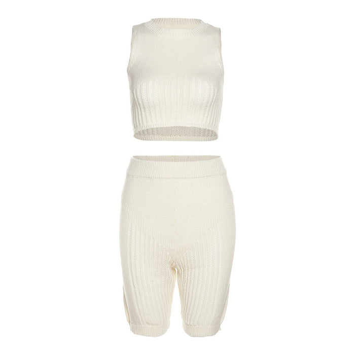 Summer Women Clothing Sexy See-through Knitted Sleeveless Vest High Waist Slimming Sheath Shorts Suit