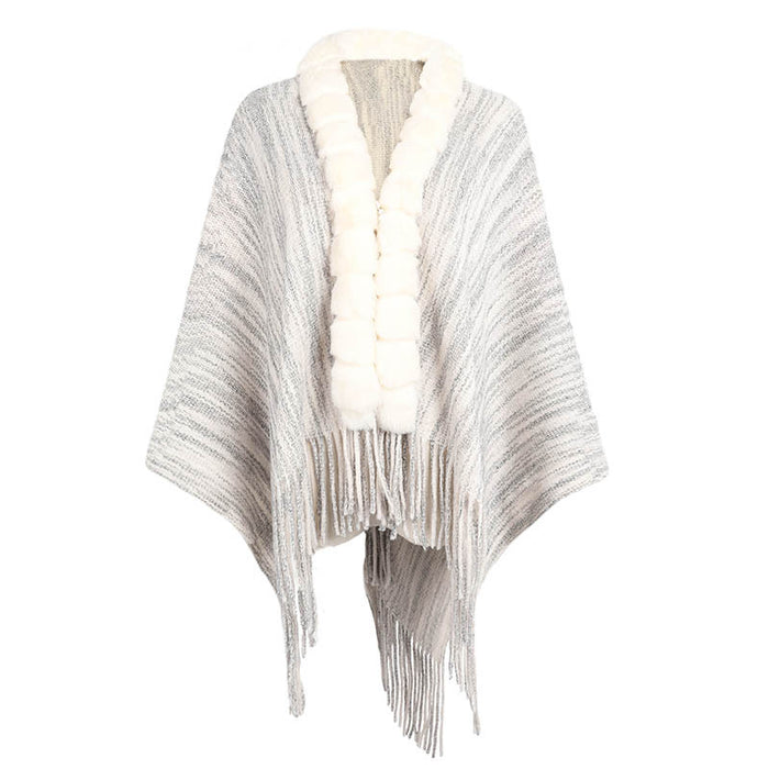 Autumn Winter Tassel Cape Shawl Sweater Women Fur Collar Cardigan Coat