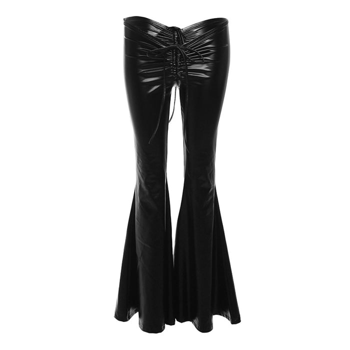 Summer Trends Women Low Waist Drawstring Faux Leather Slim Fit Slim Flare Pants