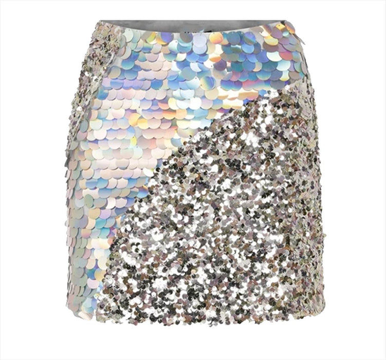 Sequined Skirt Women Autumn Niche Irregular Asymmetric Stitching A line High Waist Hip Skirt