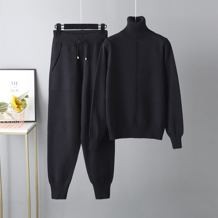 Casual Set Autumn Winter Turtleneck Solid Color Sweaters Two Piece Set