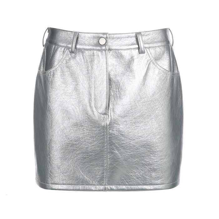 Solid Color Basic  Leather Leather Hip Skirt Low Waist Skirt