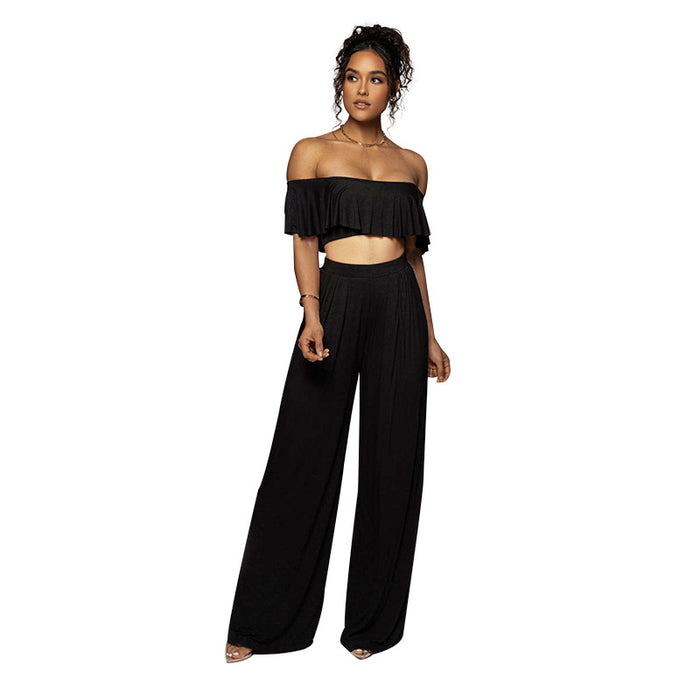 Sexy off-Neck Lotus Leaf Tube Top Cropped Top Women Clothing Casual Wide Leg Pants Suit