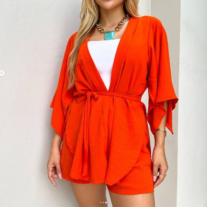 Summer Casual Set Slit Three Quarter Length Sleeves Cardigan Top Drawstring Shorts for Women