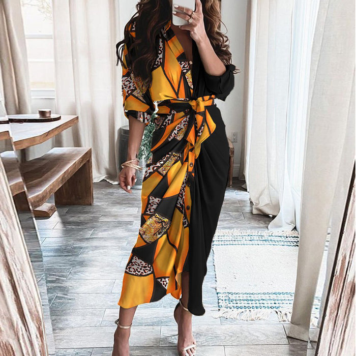 Summer Long Sleeve V neck Buttons Elegant Dress Maxi Dress Women Clothing