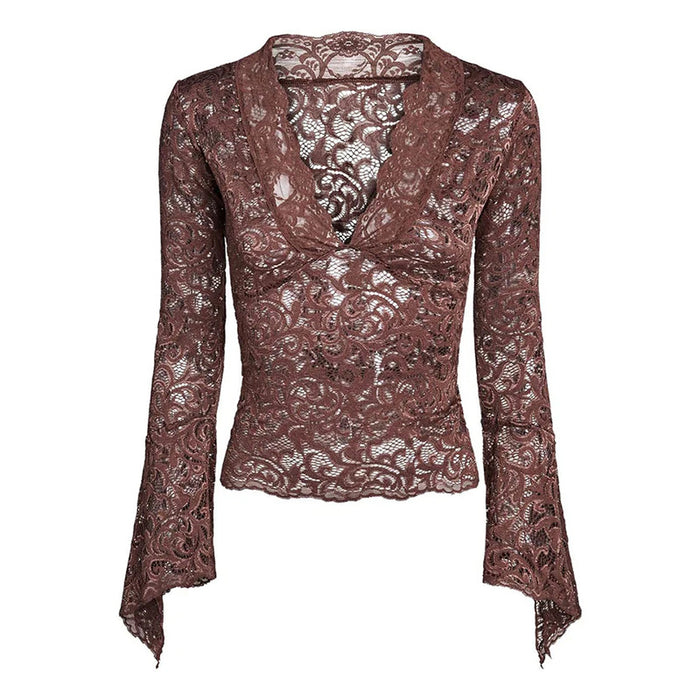 Spring Summer Sexy Top Sexy Slim Lace V neck Bell Sleeve