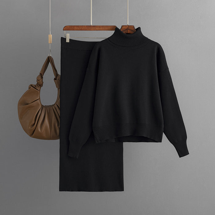 Knitting Suit Women Autumn Winter Solid Color Turtleneck Sweater Sheath Skirt Two Piece Set