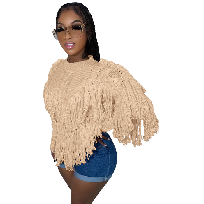 Autumn Winter Knitted Hand Crochet Tassel Sweater Top