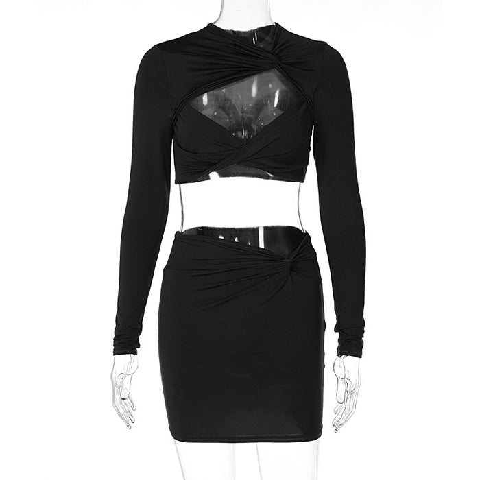 Women  Clothing Autumn Sexy Hollow Out Cutout out Long Sleeve Top Slim Skirt Set