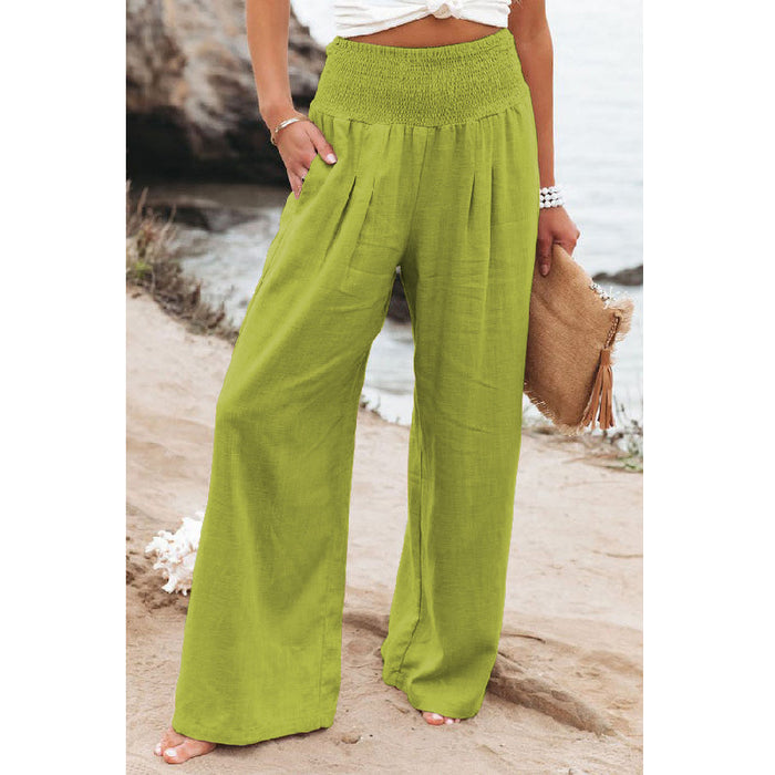 Spring Summer Women Clothing Cotton Linen Solid Color Elastic Waist Wide Leg Pants Casual Pants Trousers