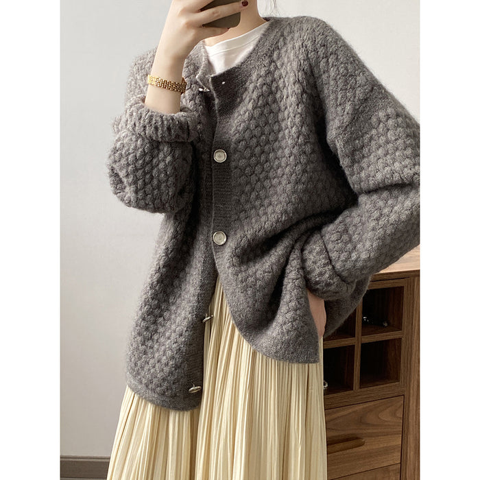 Pineapple Plaid Cardigan Sweater Women Autumn Winter Loose Lazy Knitted Top