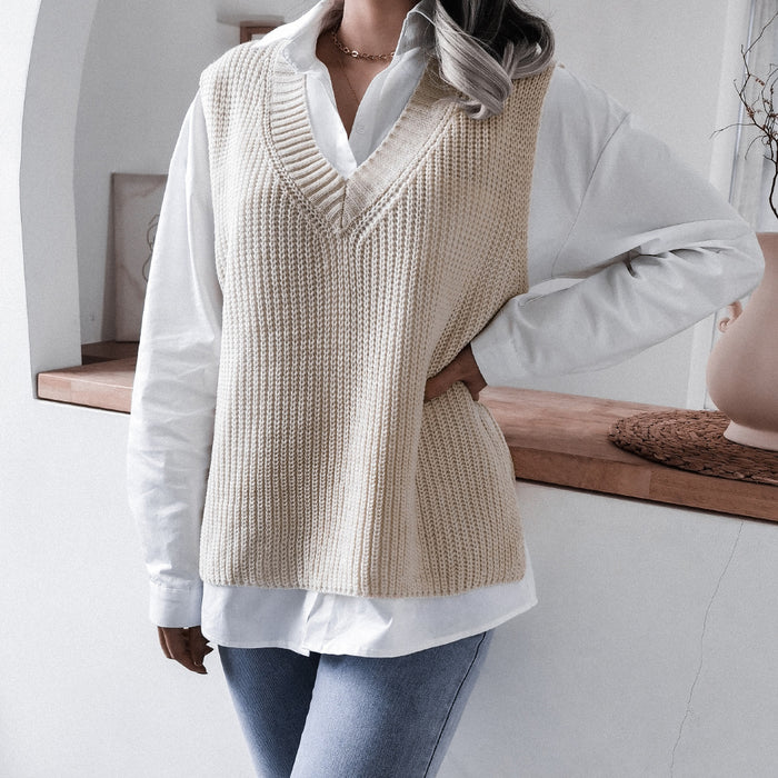 Autumn Winter V-neck Casual Loose Knitted Sweater Vest Jacket Women Clothing