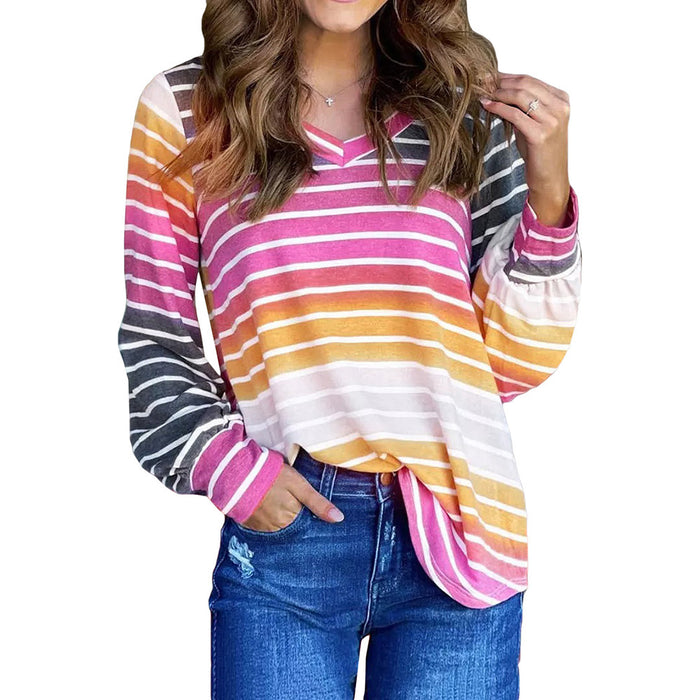 Multi Color Gradient Striped Long Sleeved V neck Top for Women Autumn Pullover