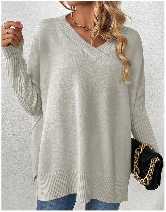 Autumn Winter Pullover Sweater Idle V neck Casual Stitching Long Sleeved Sweater for Women