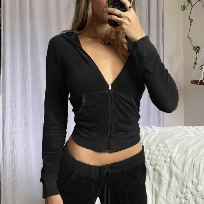 Solid Color Slim Fit Show Umbilical Long Sleeve Zipper Hooded Sweater High Waist Bootcut Mop Trousers Casual Set Batch