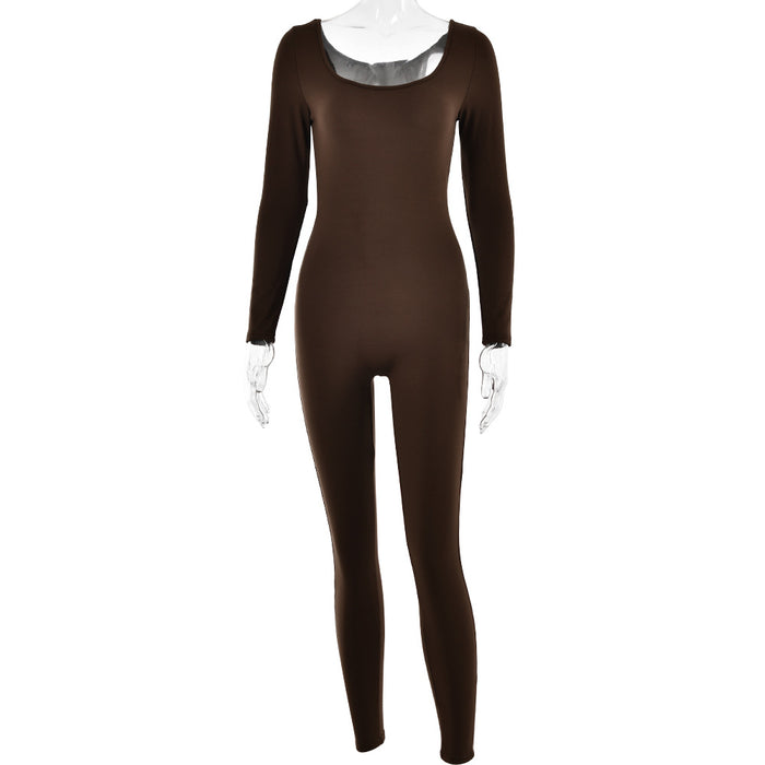 Sexy Soft High Elastic Long Sleeve Tights U Collar Stitching Trousers Jumpsuit