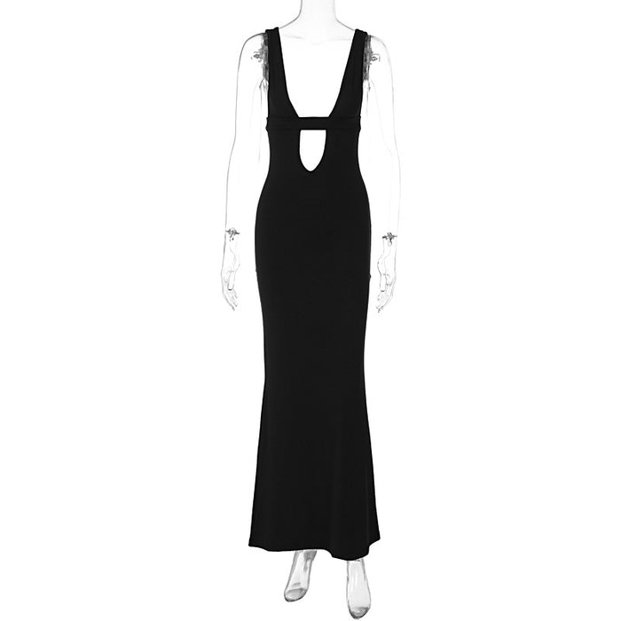 Best Seller in Sexy Deep V Plunge Patch Hollow Out Cutout Chest Wrap Maxi Dress Slim Strap Dress