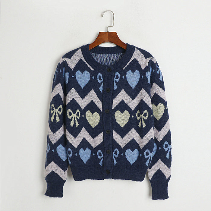 Heart Shaped Bow Brocade Sweater Autumn Winter Korean Loose Round Neck Single Breasted Sweater Women