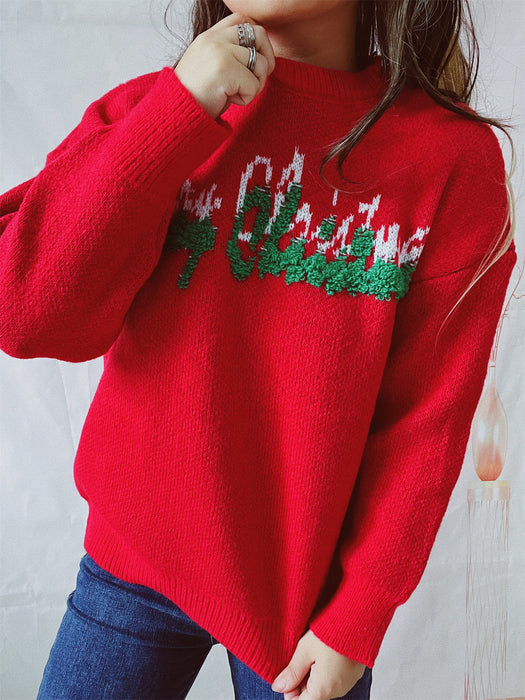 Autumn Winter Round Neck Long Sleeve Letter Graphic Christmas Tree Jacquard Knitted Christmas Sweater Pullover