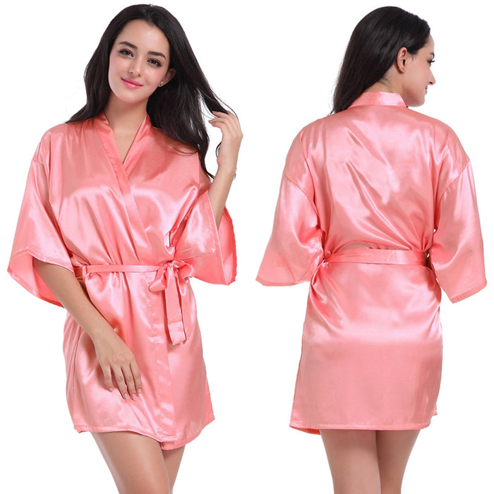 Ladies Robe Artificial Silk Satin Kimono Gown Glossy Solid Color Thin Cardigan Gown Summer Sexy Short Bathrobe