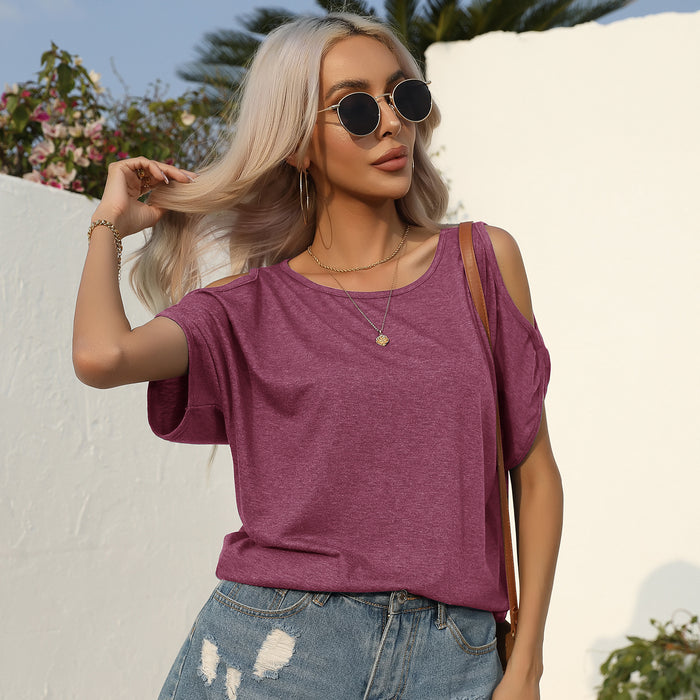 Summer Solid Color off Shoulder Round Neck Short Sleeve T shirt Casual Top