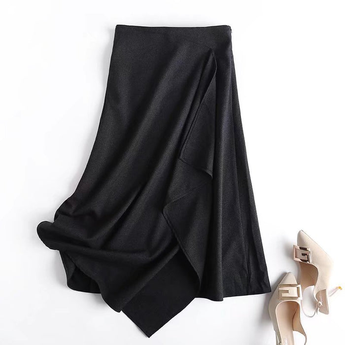 New Front Pleated Fashionable Thin Skirt Oblique Placket Autumn Winter Draping Woolen Midi Skirt