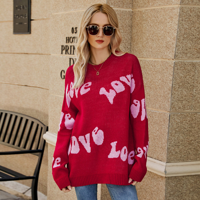 Autumn Winter Women Idle round Neck Letter Graphic Jacquard Long Sleeve Pullover Sweater