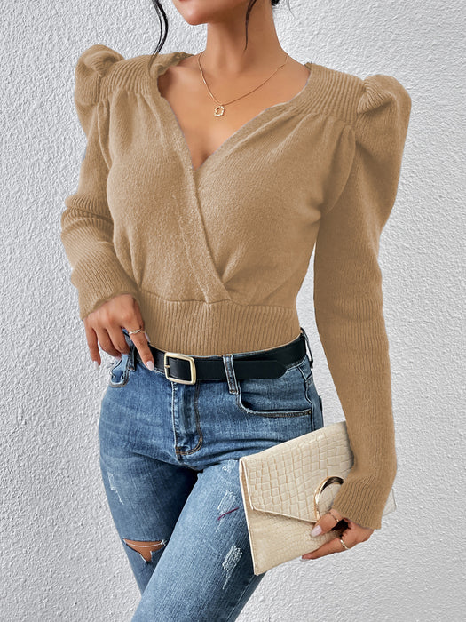 Autumn Winter Knitwear Collar Shrug Puff Sleeve Pullover Sweater for Women