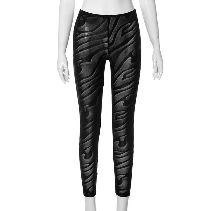 Solid Color Flocking Tiger Pattern Slim Fit Sexy See Through Casual Trousers