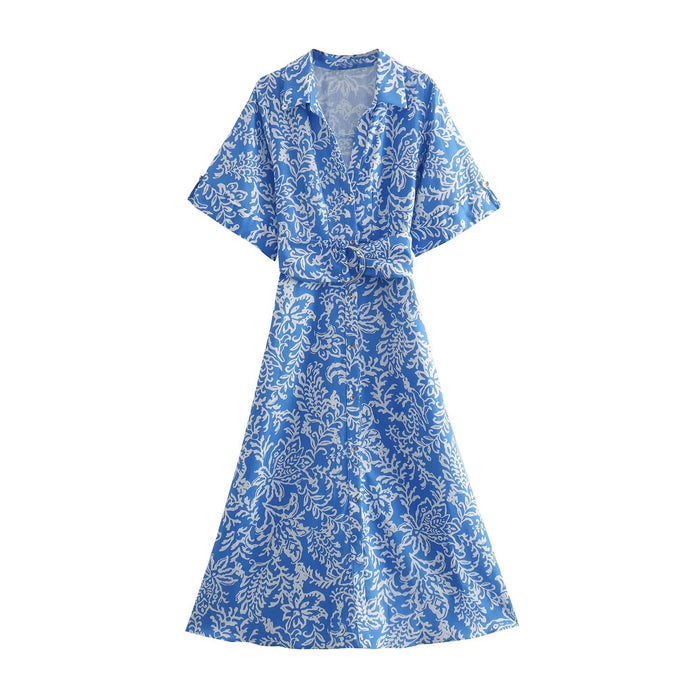 Summer Arrival Women Clothing Elegant Slightly Mature Blended Printed Shirt Dress