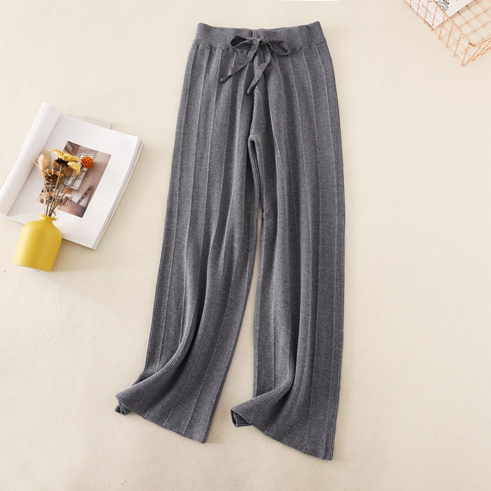 Knitted Thick Wide Leg Pants Women Autumn Winter High Waist Loose Drooping Straight Casual Long Pants Loose Vertical Stripes