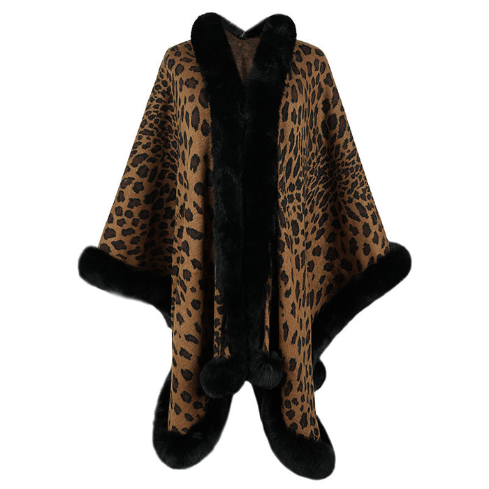 Autumn Winter Fur Collar Cape Cardigan Leopard Print Shawl Sweater Women