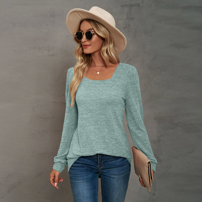 Autumn Winter Popular T shirt Solid Color Pleated Long Sleeve Casual Puff Sleeve Bottoming Shirt