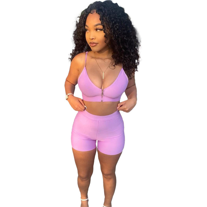 Solid Color Personalized Zipper Sexy Sports Two Piece Set