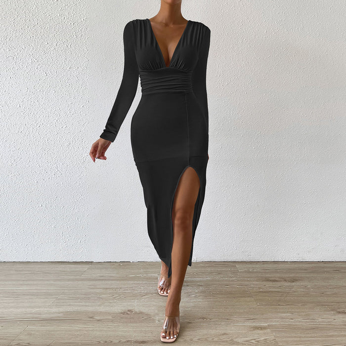 Autumn Winter V neck Long Sleeve Dress Sexy Sheath Slim Irregular Asymmetric Slit Dress