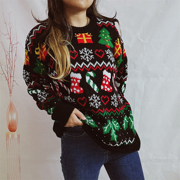 Christmas Sweater Christmas Stockings Snowflake Sweater Loose Round Neck Long Sleeve Sweater Women