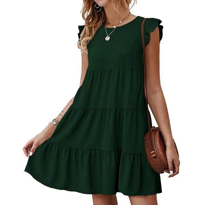 Summer Solid Color round Neck Short Sleeves Dress Casual Tiered Dress Pleated Large Swing Dress